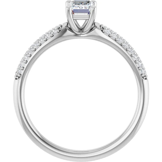 14K White Gold 0.97 CTW Emerald Cut Triple Row Pavé Diamond Engagement Ring