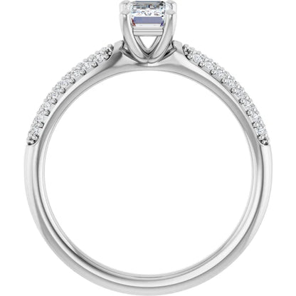 14K White Gold 0.97 CTW Emerald Cut Triple Row Pavé Diamond Engagement Ring
