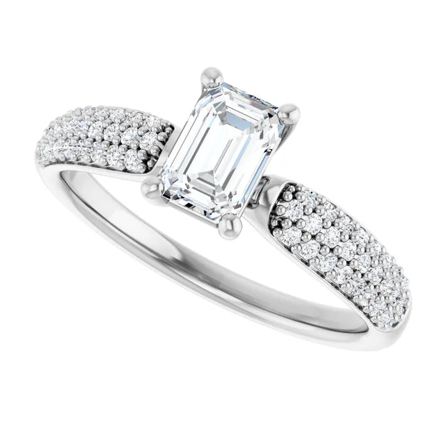 14K White Gold 0.97 CTW Emerald Cut Triple Row Pavé Diamond Engagement Ring