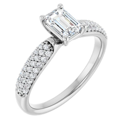 14K White Gold 0.97 CTW Emerald Cut Triple Row Pavé Diamond Engagement Ring