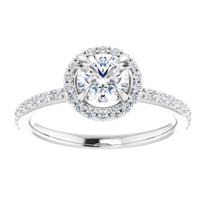 14K White Gold 0.99 CTW Round Halo Pavé Diamond Engagement Ring-diamondnetjewellery
