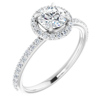 14K White Gold 0.99 CTW Round Halo Pavé Diamond Engagement Ring-diamondnetjewellery