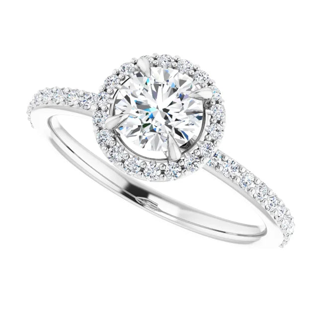 14K White Gold 0.99 CTW Round Halo Pavé Diamond Engagement Ring-diamondnetjewellery