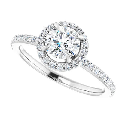 14K White Gold 0.99 CTW Round Halo Pavé Diamond Engagement Ring-diamondnetjewellery