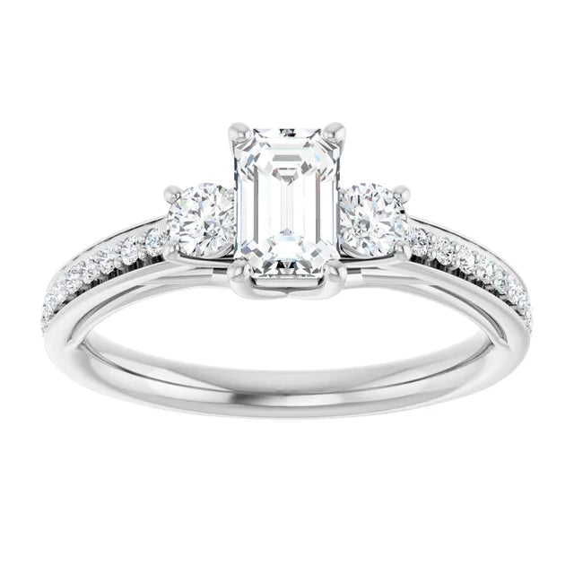 14K White Gold 2.49 CTW Emerald Three-Stone Pavé Diamond Engagement Ring