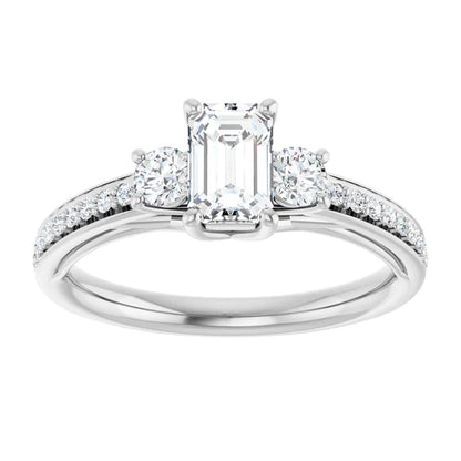 14K White Gold 2.49 CTW Emerald Three-Stone Pavé Diamond Engagement Ring