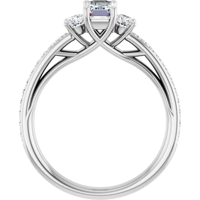 14K White Gold 2.49 CTW Emerald Three-Stone Pavé Diamond Engagement Ring