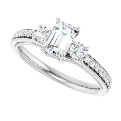 14K White Gold 2.49 CTW Emerald Three-Stone Pavé Diamond Engagement Ring