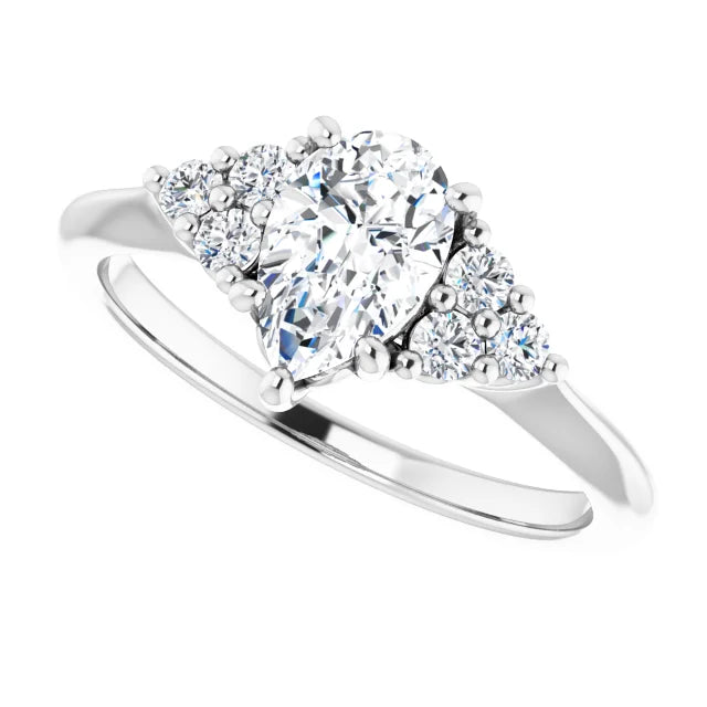 14K White Gold 0.89 CTW Pear Cluster-Shoulder Diamond Engagement Ring