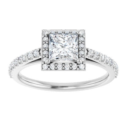 14K White Gold 1.00 CTW Princess Cut Halo Pave Diamond Engagement Ring-diamondnetjewellery