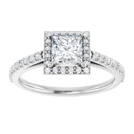 14K White Gold 1.00 CTW Princess Cut Halo Pave Diamond Engagement Ring