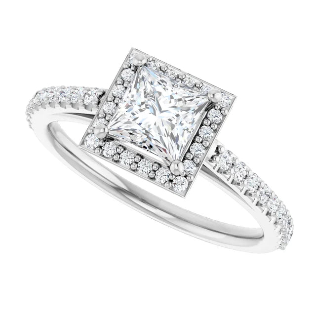 14K White Gold 1.00 CTW Princess Cut Halo Pave Diamond Engagement Ring-diamondnetjewellery