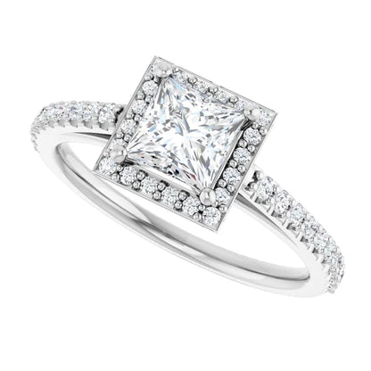 14K White Gold 1.00 CTW Princess Cut Halo Pave Diamond Engagement Ring-diamondnetjewellery