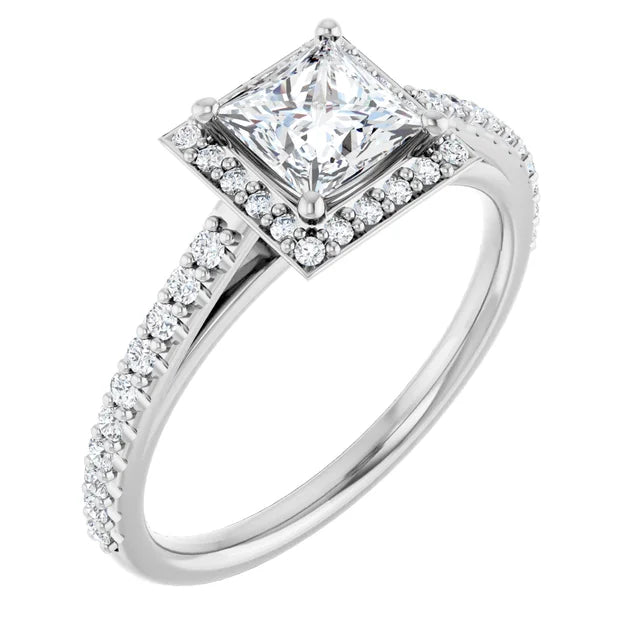 14K White Gold 1.00 CTW Princess Cut Halo Pave Diamond Engagement Ring-diamondnetjewellery