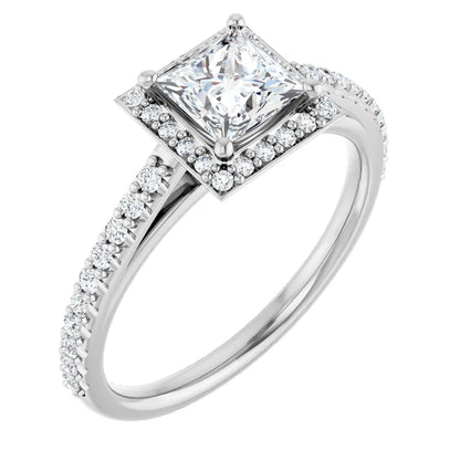 14K White Gold 1.00 CTW Princess Cut Halo Pave Diamond Engagement Ring-diamondnetjewellery