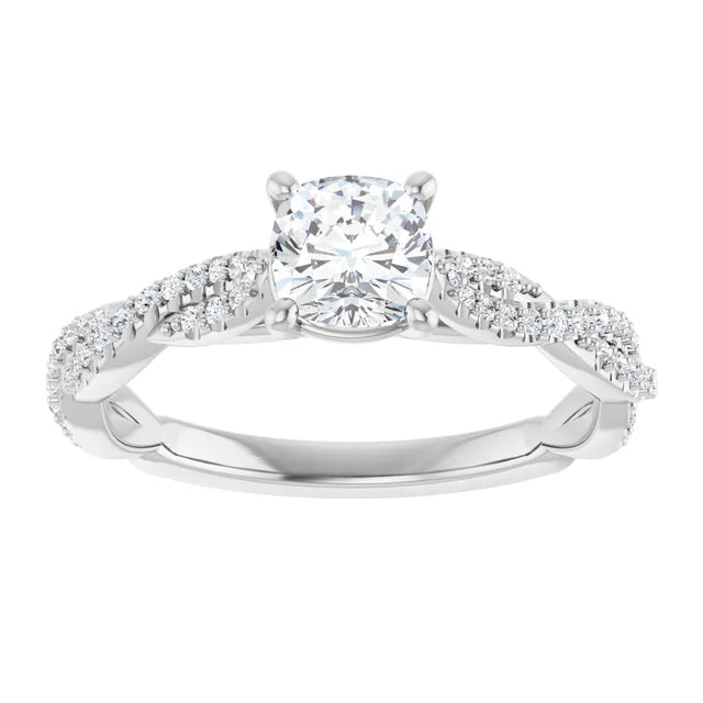 14K White Gold 1.01 CTW Cushion Cut Twisted Shank Pavé Diamond Engagement Ring-diamondnetjewellery