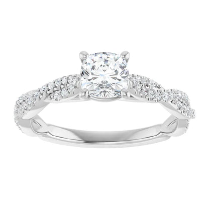 14K White Gold 1.01 CTW Cushion Cut Twisted Shank Pavé Diamond Engagement Ring-diamondnetjewellery
