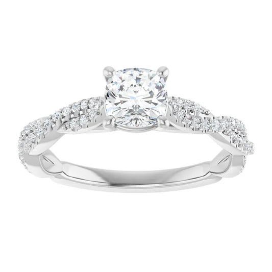 14K White Gold 1.01 CTW Cushion Cut Twisted Shank Pavé Diamond Engagement Ring