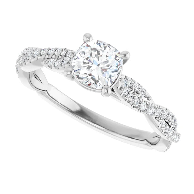 14K White Gold 1.01 CTW Cushion Cut Twisted Shank Pavé Diamond Engagement Ring-diamondnetjewellery