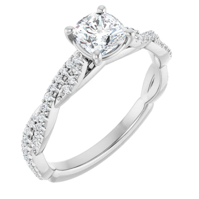 14K White Gold 1.01 CTW Cushion Cut Twisted Shank Pavé Diamond Engagement Ring-diamondnetjewellery