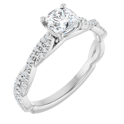 14K White Gold 1.01 CTW Cushion Cut Twisted Shank Pavé Diamond Engagement Ring-diamondnetjewellery