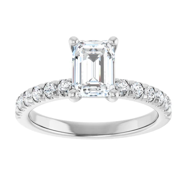 14K White Gold 3.43 CTW Emerald Halo Pavé Diamond Engagement Ring