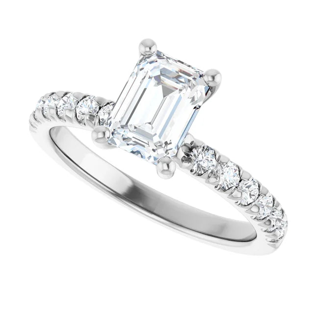 14K White Gold 3.43 CTW Emerald Halo Pavé Diamond Engagement Ring