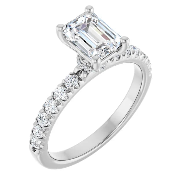 14K White Gold 3.43 CTW Emerald Halo Pavé Diamond Engagement Ring