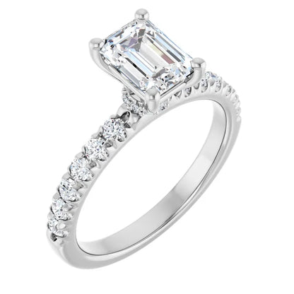 14K White Gold 3.43 CTW Emerald Halo Pavé Diamond Engagement Ring