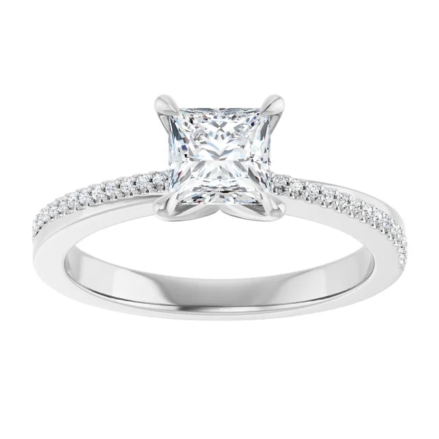 14K White Gold 1.07 CTW Princess Claw Prong Accented Diamond Engagement Ring