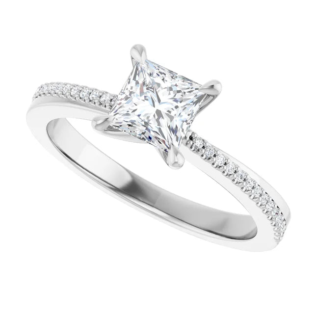 14K White Gold 1.07 CTW Princess Claw Prong Accented Diamond Engagement Ring