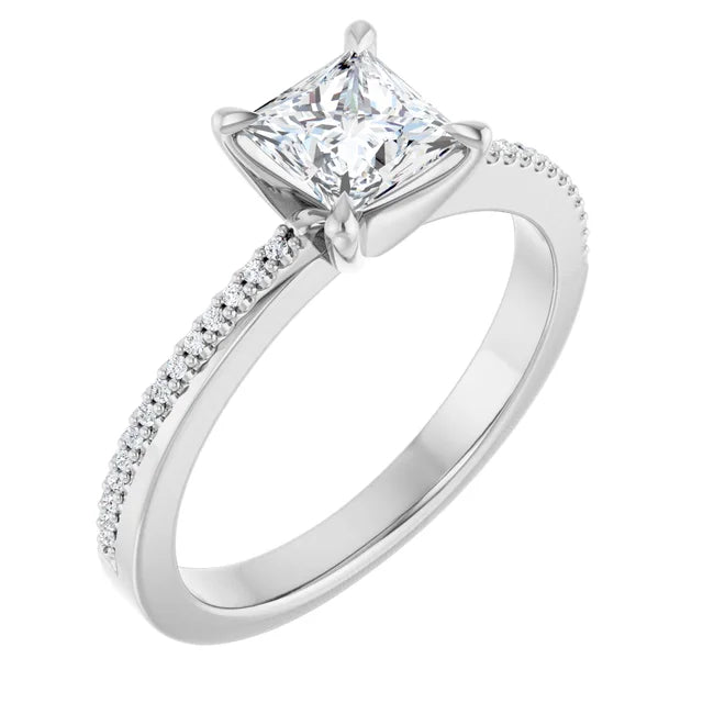 14K White Gold 1.07 CTW Princess Claw Prong Accented Diamond Engagement Ring