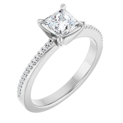 14K White Gold 1.07 CTW Princess Claw Prong Accented Diamond Engagement Ring