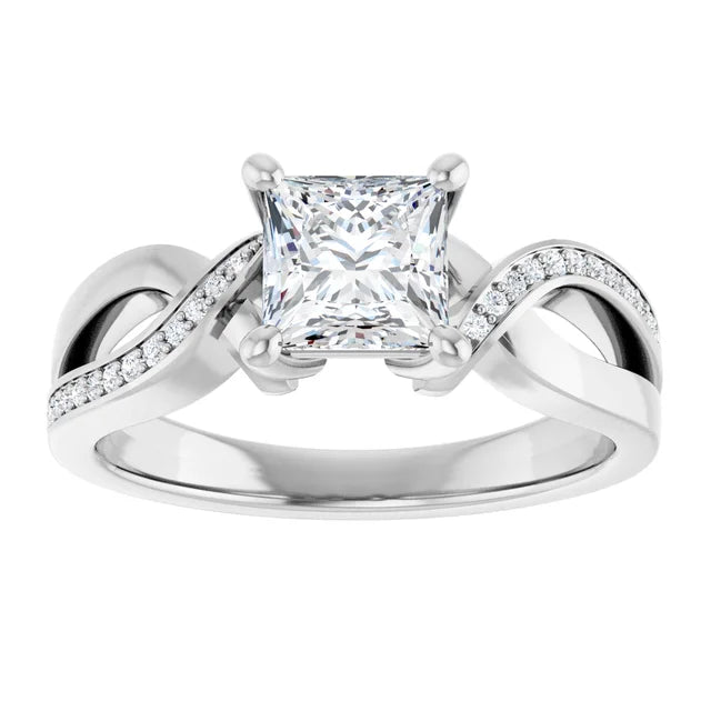 14K White Gold 1.10 CTW Princess Cut Twisted Split Shank Pavé Diamond Engagement Ring