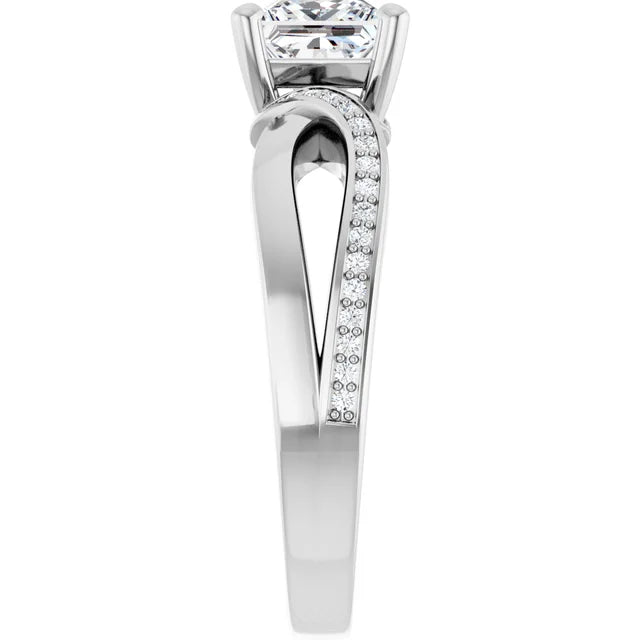 14K White Gold 1.10 CTW Princess Cut Twisted Split Shank Pavé Diamond Engagement Ring