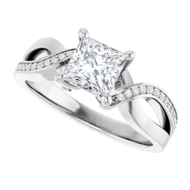 14K White Gold 1.10 CTW Princess Cut Twisted Split Shank Pavé Diamond Engagement Ring