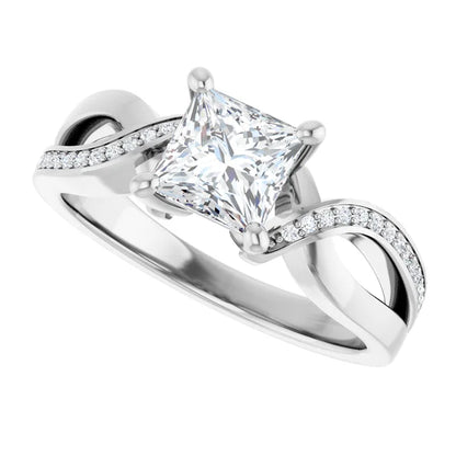 14K White Gold 1.10 CTW Princess Cut Twisted Split Shank Pavé Diamond Engagement Ring