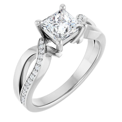 14K White Gold 1.10 CTW Princess Cut Twisted Split Shank Pavé Diamond Engagement Ring
