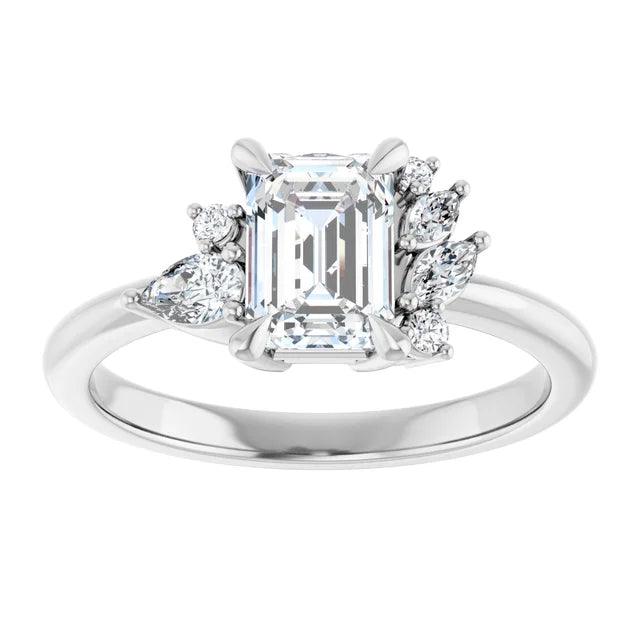 14K White Gold 1.11 CTW Emerald Cut Diamond Engagement Ring with Cluster Accents-diamondnetjewellery