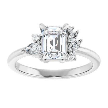 14K White Gold 1.11 CTW Emerald Cut Diamond Engagement Ring with Cluster Accents-diamondnetjewellery