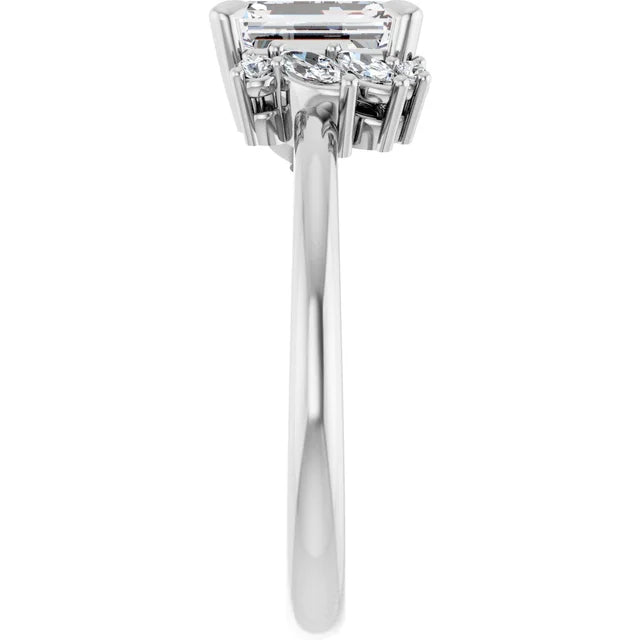 14K White Gold 1.11 CTW Emerald Cut Diamond Engagement Ring with Cluster Accents-diamondnetjewellery