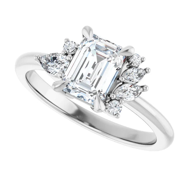 14K White Gold 1.11 CTW Emerald Cut Diamond Engagement Ring with Cluster Accents-diamondnetjewellery