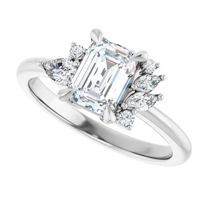 14K White Gold 1.11 CTW Emerald Cut Diamond Engagement Ring with Cluster Accents-diamondnetjewellery