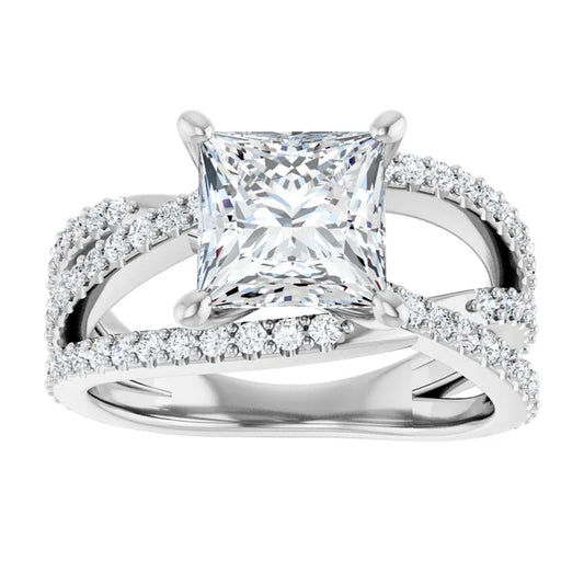 14K White Gold 1.14 CTW Princess Cut Double Row Pavé Split Shank Diamond Engagement Ring