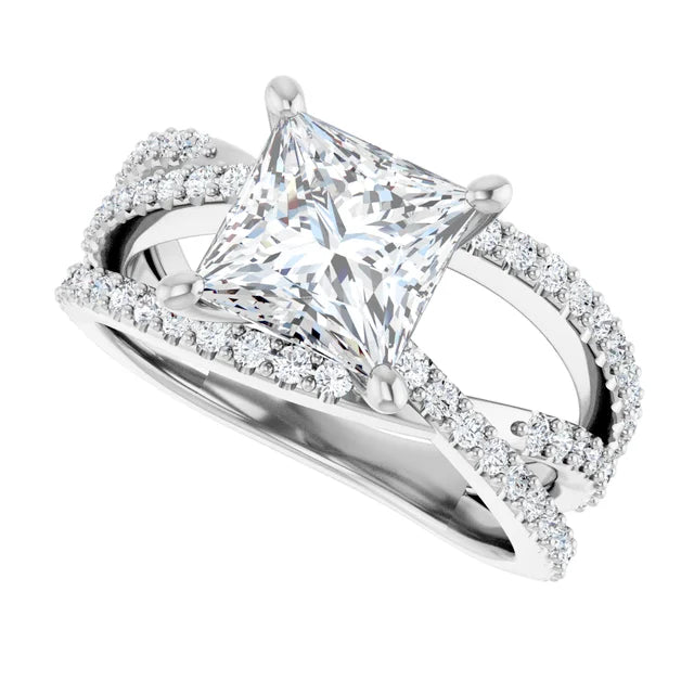 14K White Gold 1.14 CTW Princess Cut Double Row Pavé Split Shank Diamond Engagement Ring-diamondnetjewellery