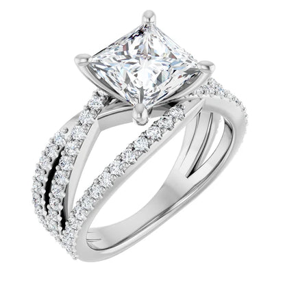 14K White Gold 1.14 CTW Princess Cut Double Row Pavé Split Shank Diamond Engagement Ring-diamondnetjewellery