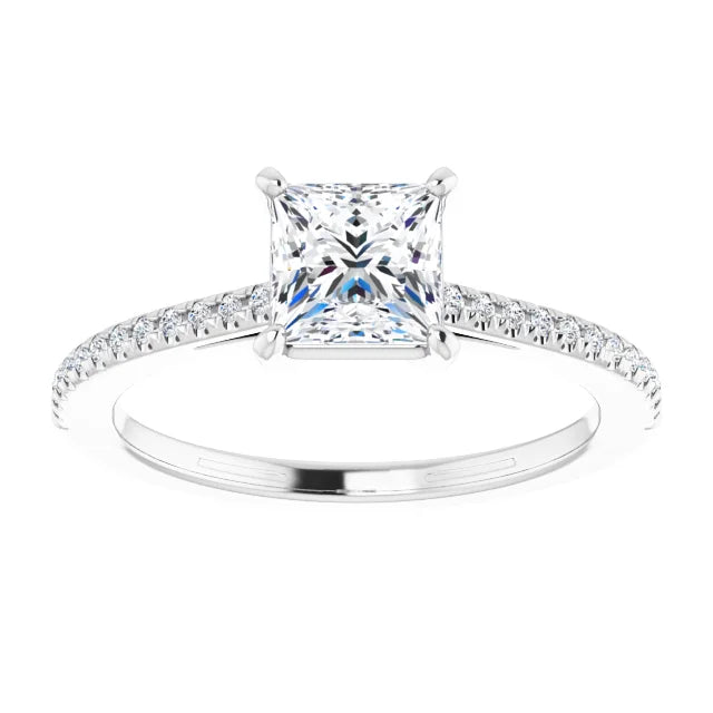 14K White Gold 1.15 CTW Princess Cut Solitaire Pavé Diamond Engagement Ring-diamondnetjewellery