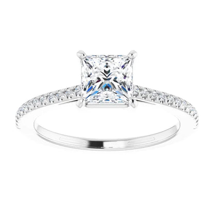14K White Gold 1.15 CTW Princess Cut Solitaire Pavé Diamond Engagement Ring-diamondnetjewellery