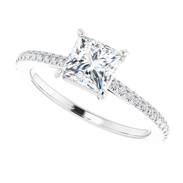 14K White Gold 1.15 CTW Princess Cut Solitaire Pavé Diamond Engagement Ring-diamondnetjewellery