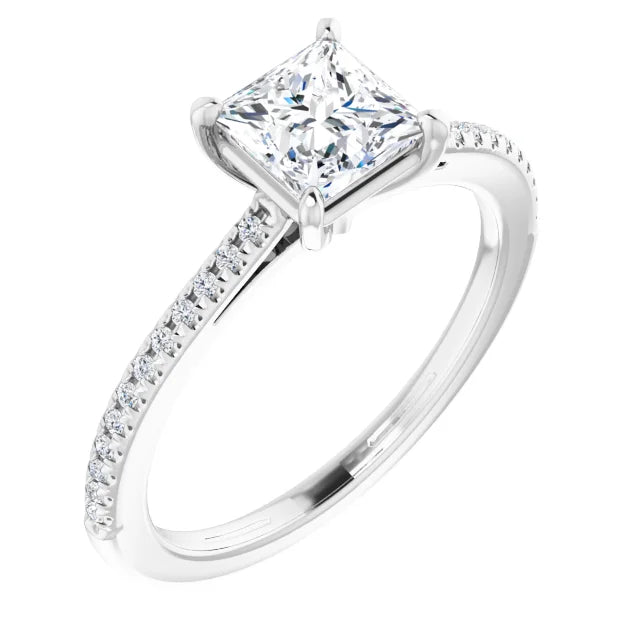 14K White Gold 1.15 CTW Princess Cut Solitaire Pavé Diamond Engagement Ring-diamondnetjewellery
